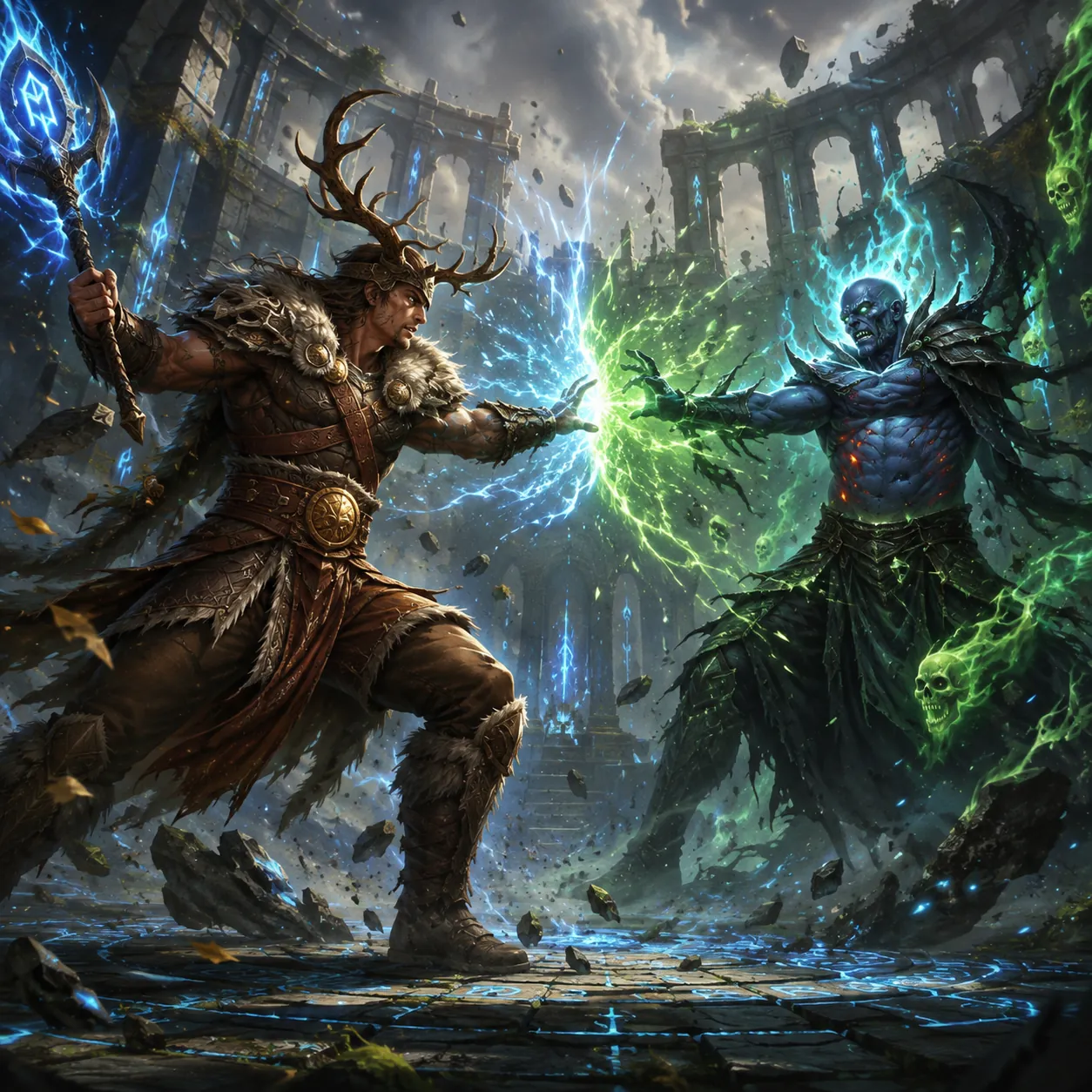 Norse warriors battling through ancient ruins