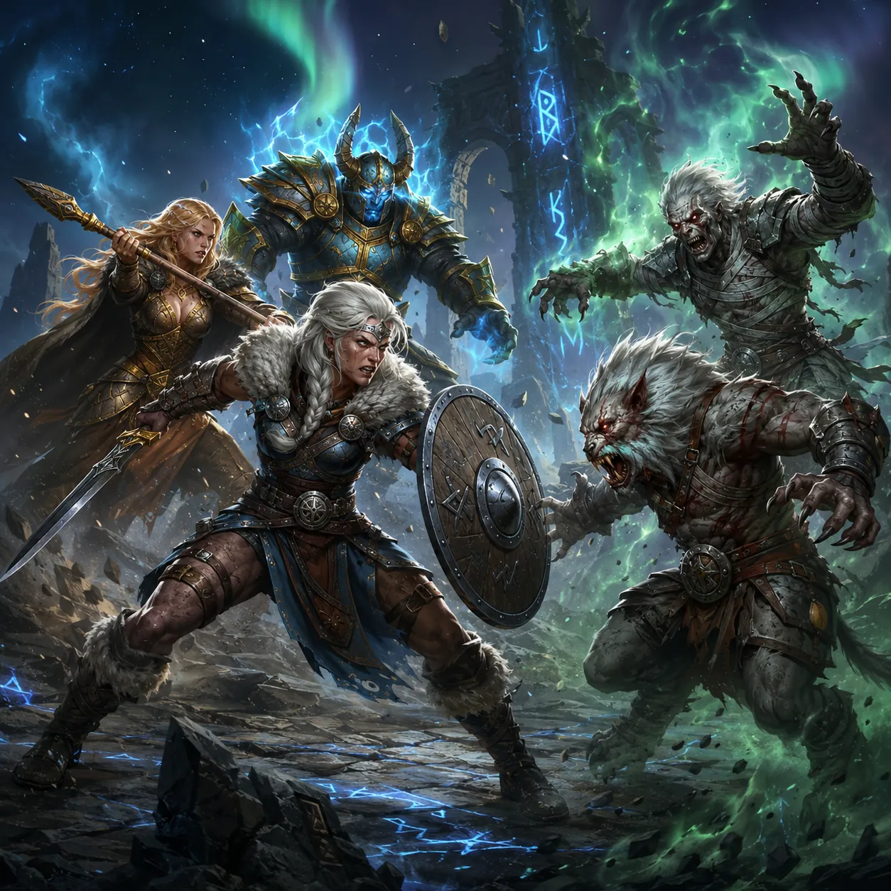 Two Norse warriors facing each other in a magical battlefield