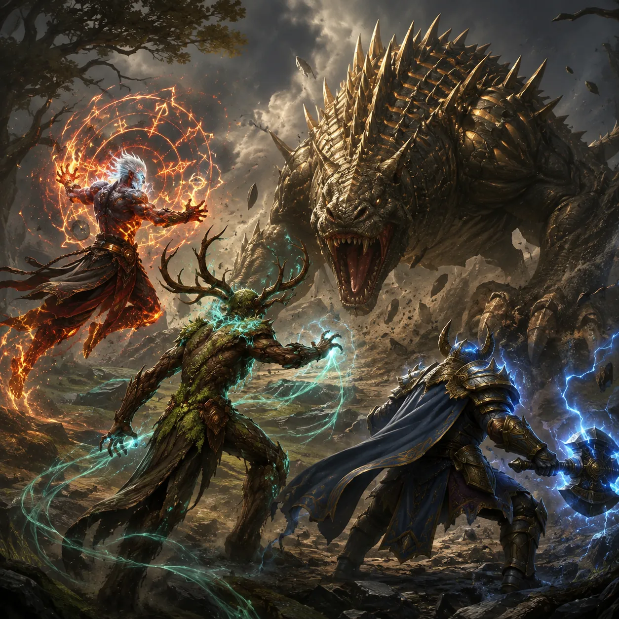 Champions confronting a giant dragon in a mythic arena