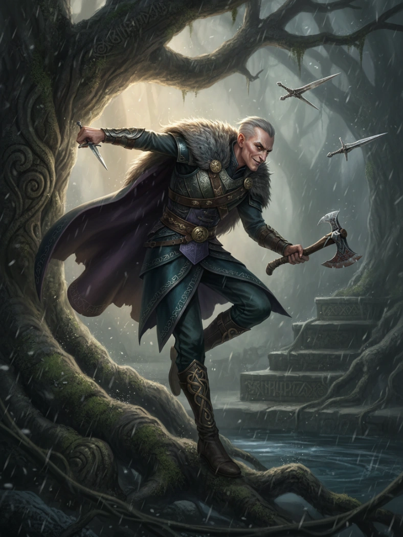 Loki, the trickster, poised in the forest with blades in hand