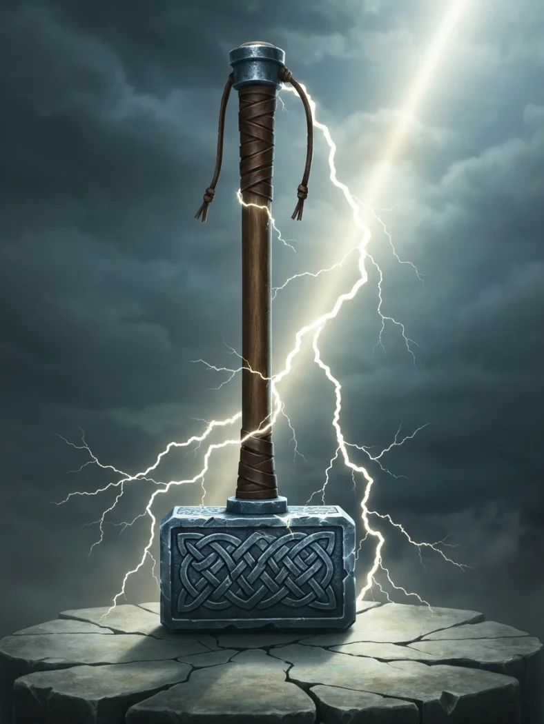 Mjolnir resting on a stone altar beneath a storm of lightning
