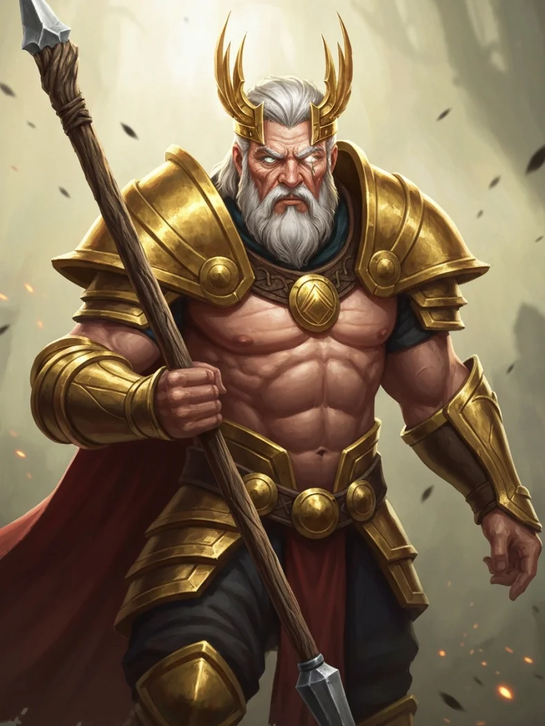 Odin, the Allfather, armored in gold and holding his spear