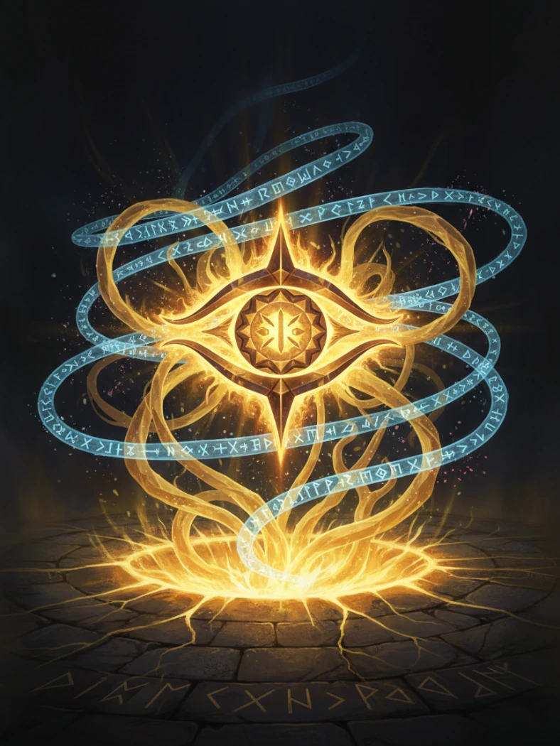 A golden rune spell forming a blazing all-seeing eye