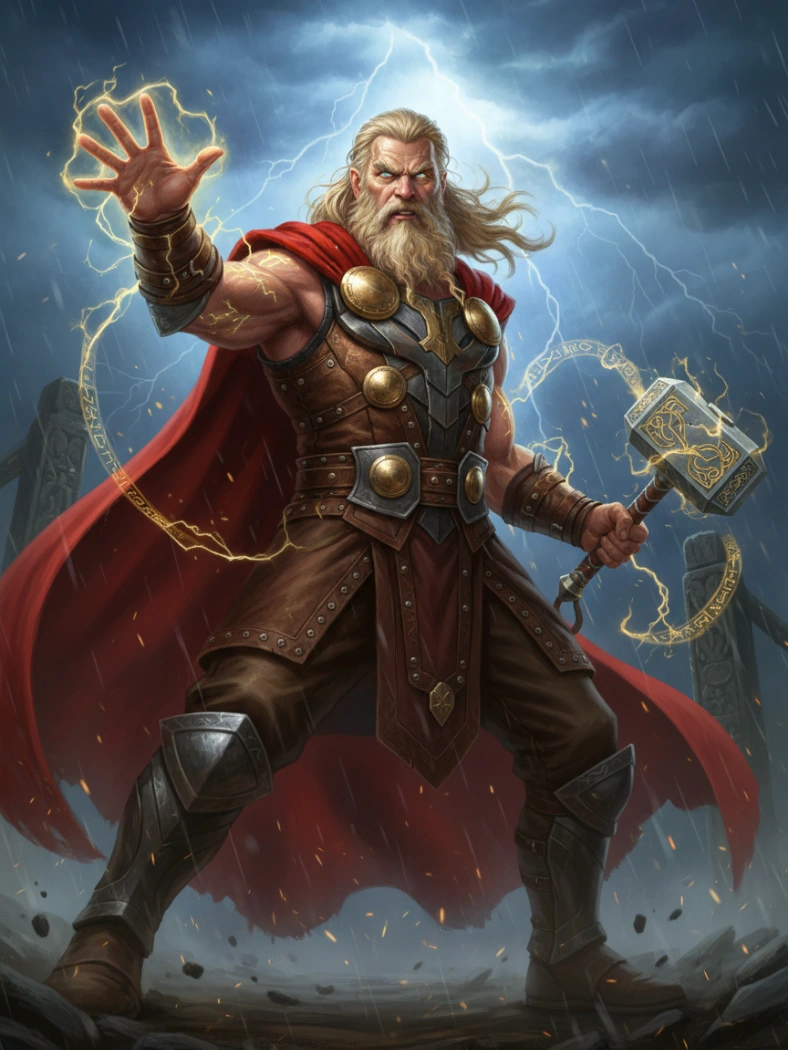 Thor raising Mjolnir as lightning tears across the storm