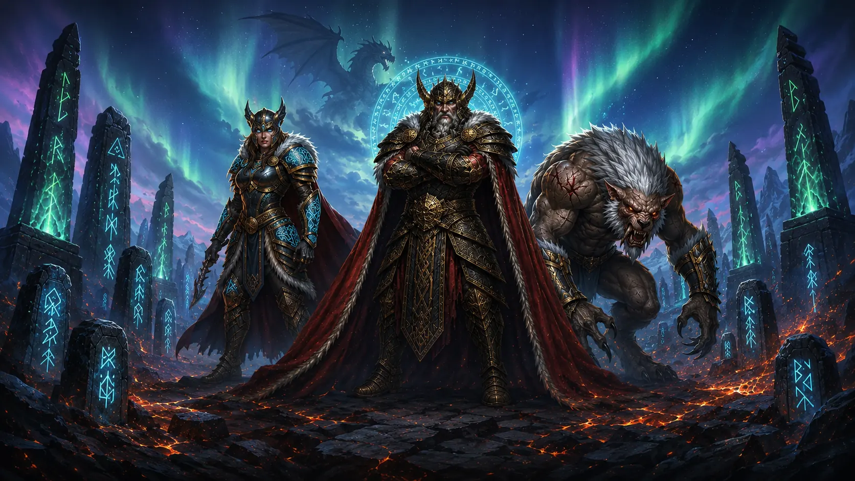 Odin, a valkyrie, and a frost giant standing before rune stones under the aurora